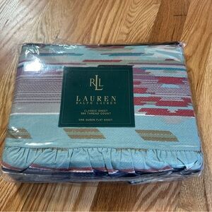 Brand New Lauren Ralph Lauren Hawk Springs Serape Teal Queen Flat Sheet Aztec